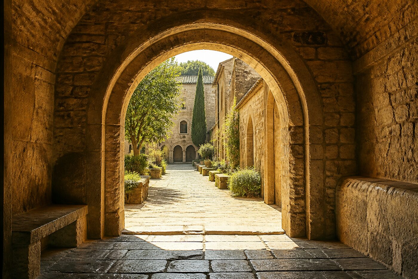 Stone archway opening onto a sunlit courtyard