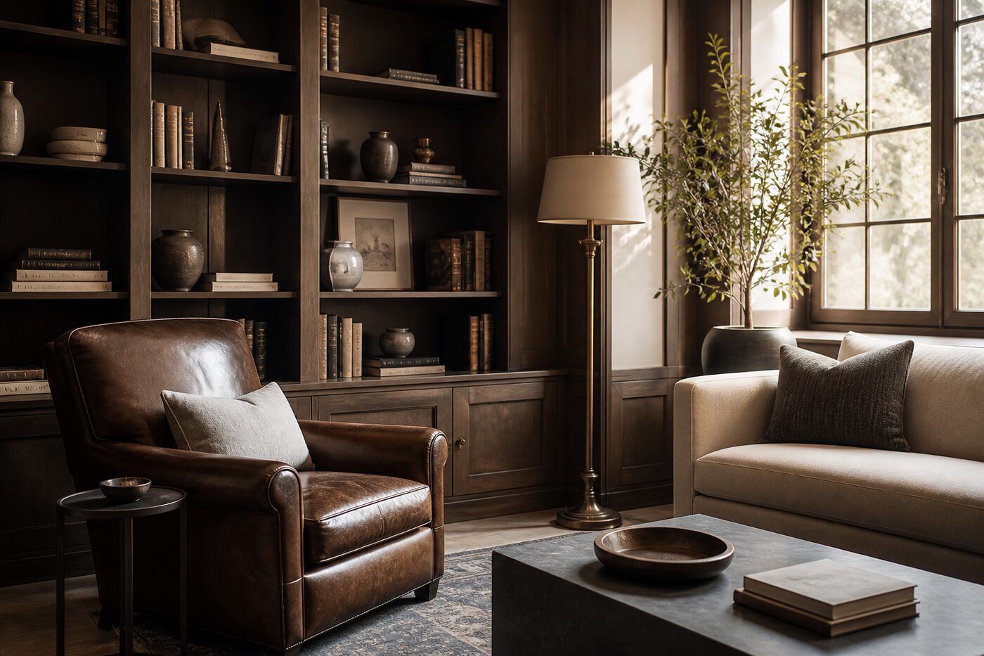 A quiet study with armchair and bookshelves in natural light