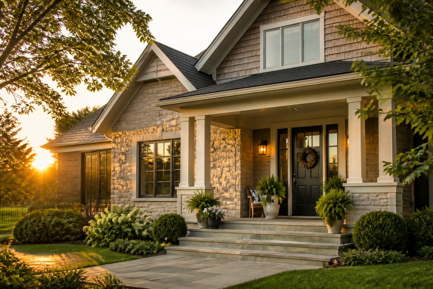 A well-kept family home at golden hour, symbolizing provision and stability