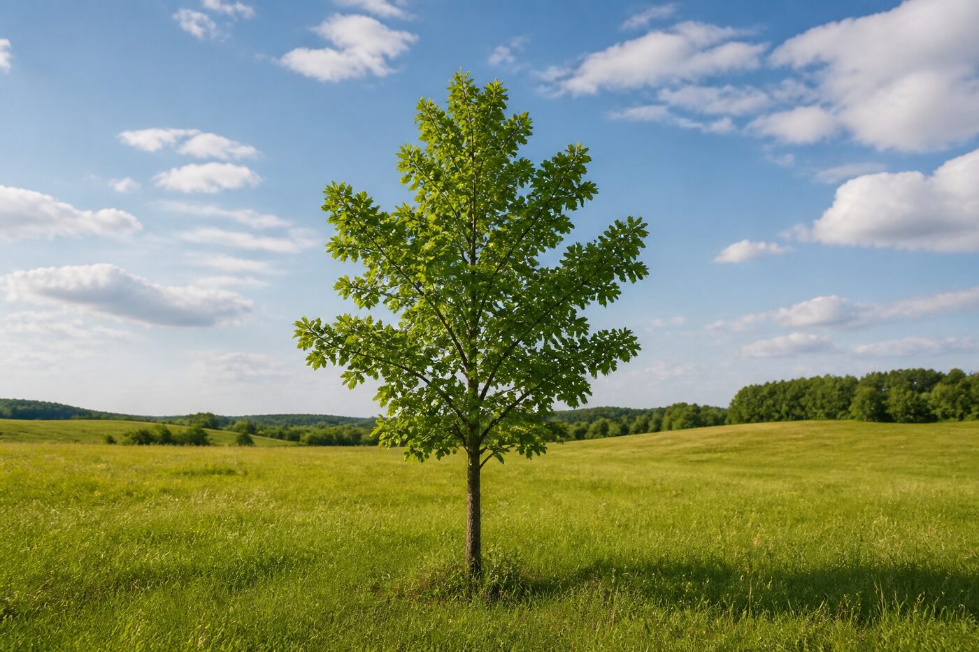 A young oak tree in an open meadow, symbolizing patient growth