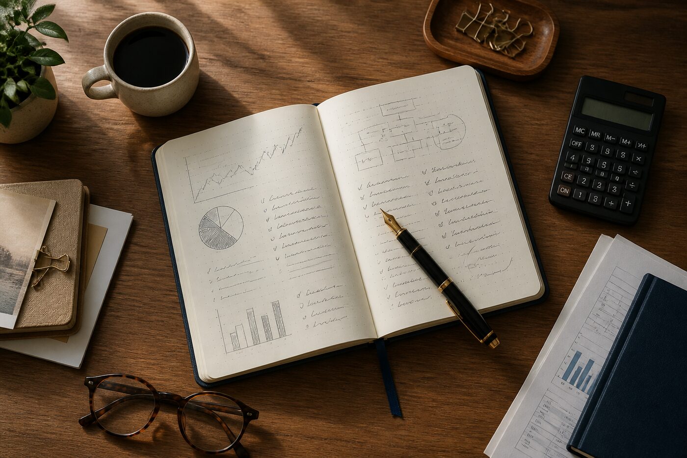 Notebook and pen for financial planning
